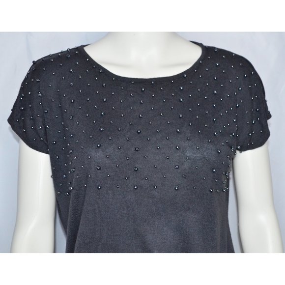 H&M Y2k Embellished Pearls Silk Blend Short Sleeve Sweater Gray Size S - Picture 2 of 4